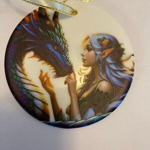 Christmas tree ornament Enchanted Elf, And Dragon round flat ceramic New In Box